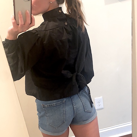 Long Sleeve Mock Neck Peasant Blouse Button Back - Picture 5 of 12